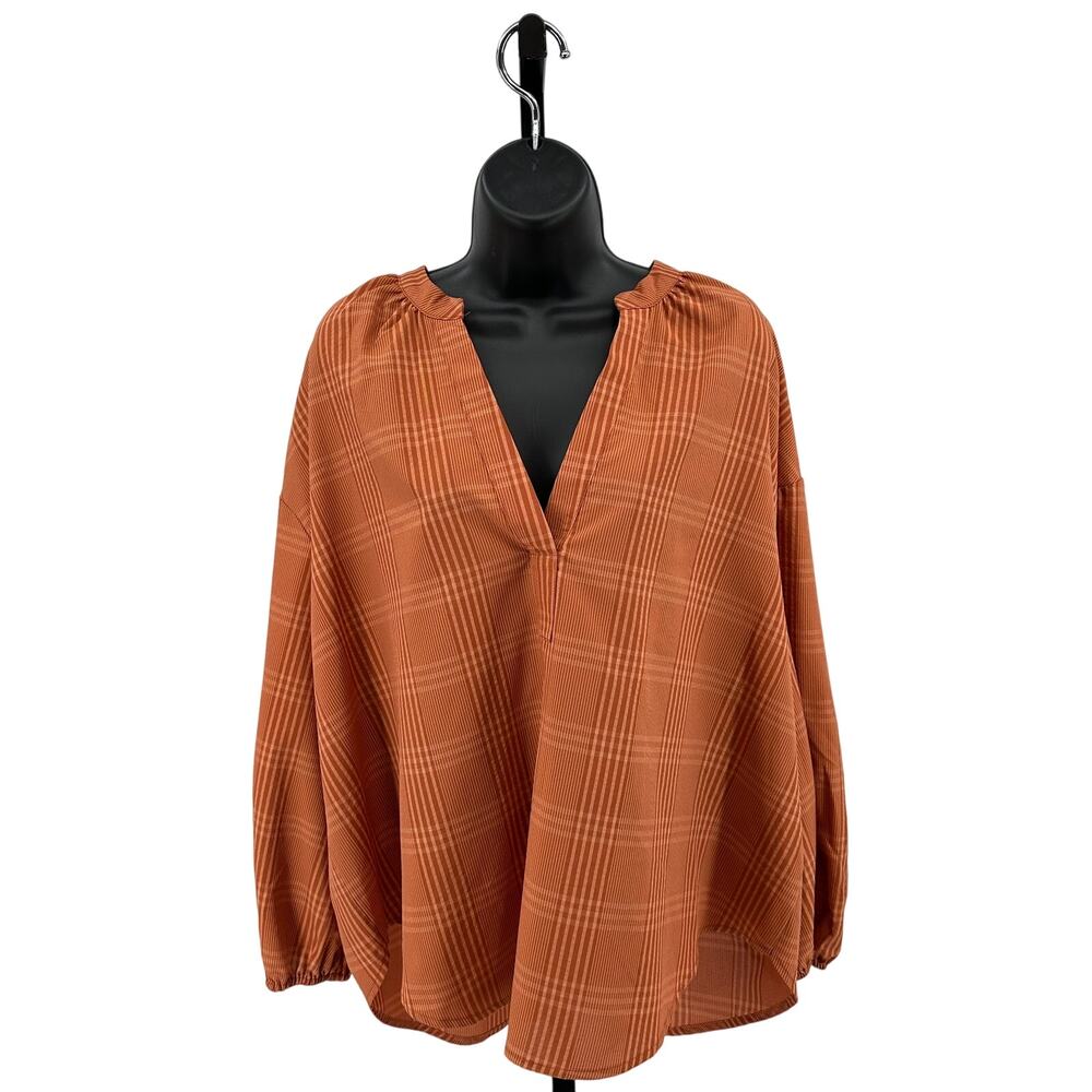 A New Day Popover Blouse WMNS XXL Rust Plaid Long Sleeve Office Work Top Shirt
